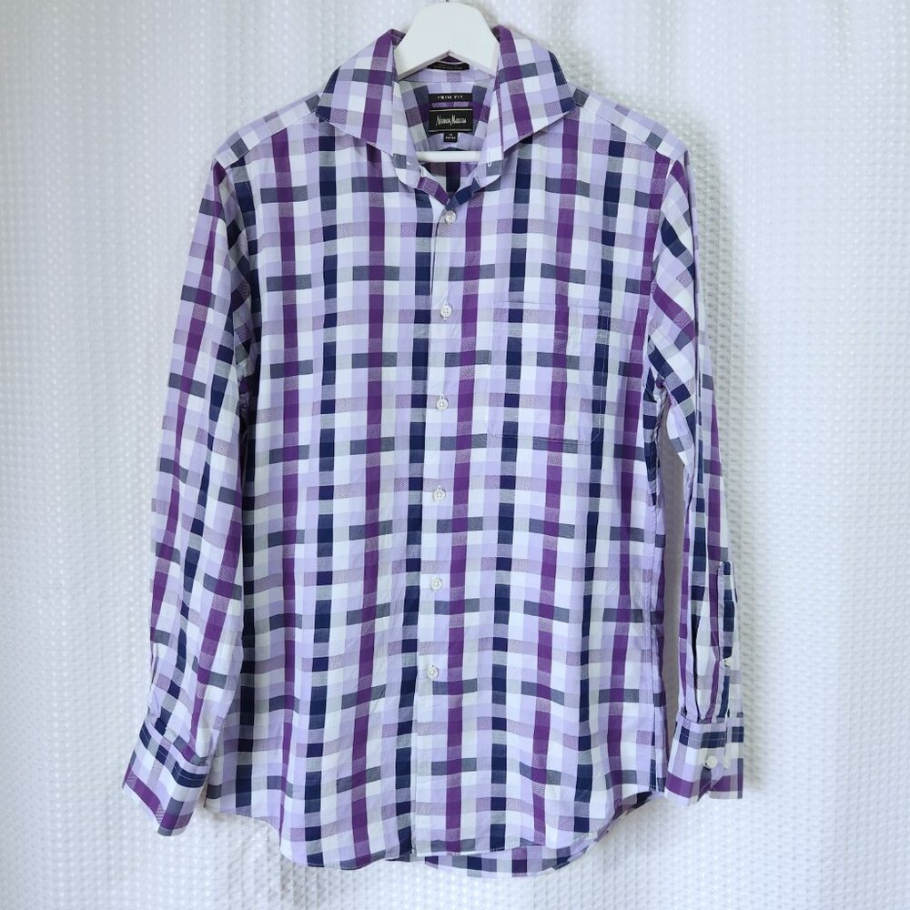 Neiman Marcus Dress Shirt 15 (32-33) Purple Plaid Check Trim Fit Designer